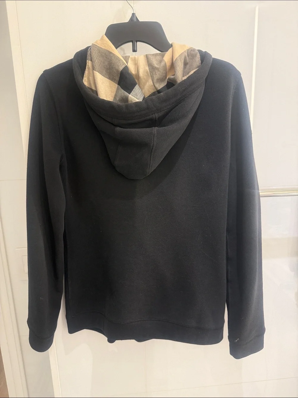 Burberry Brit Women’s Black Hoodie with Burberry Plaid Hood Lining sz S